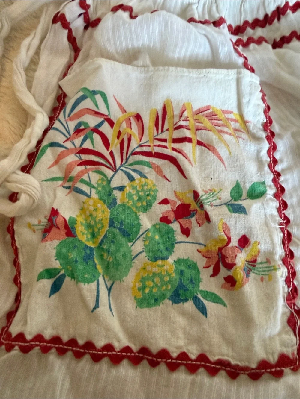Vintage Sheer White Cotton Half Apron Red Ric Rac Tropical Cactus Print Pocket